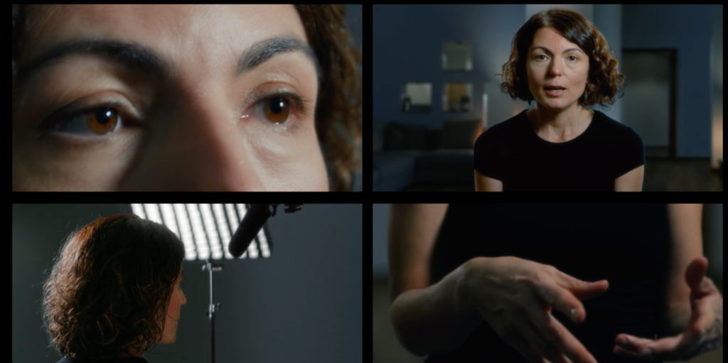A quadrant of color images: a close-up of a woman's brown eyes at top left, a medium close-up of the same woman seated before the camera at top right, the back of the woman's head with a boom mic and lighting in view at bottom left, and a close-up of the woman's hands as she talks at bottom right.