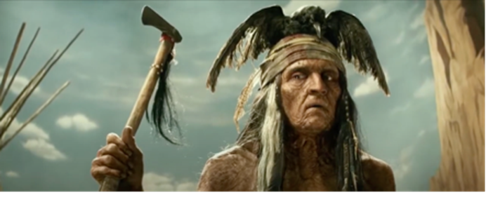 A person with a feather headdress holding an axe