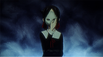 A cartoon of a child with a mask covering her face